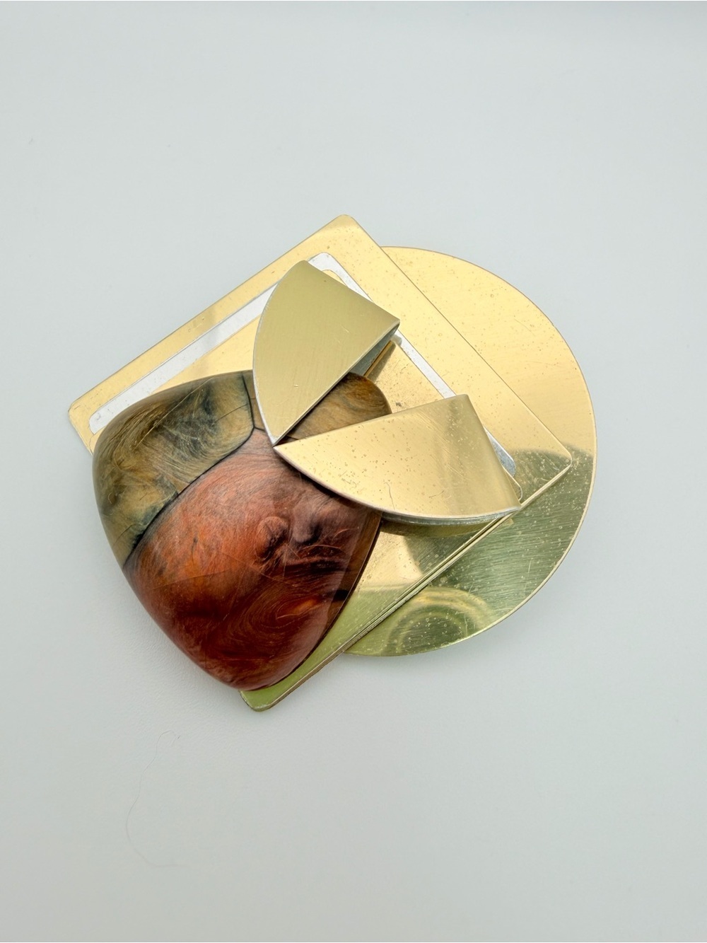 Vintage Abstract Geometric Resin & Gold Tone Statement Brooch